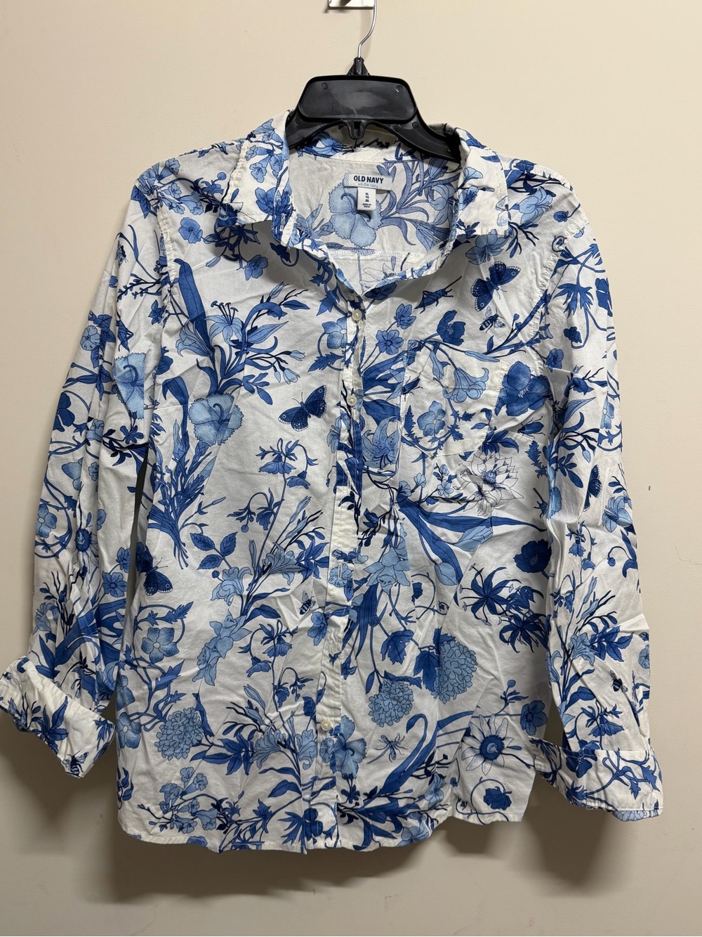 Old Navy White Button-Down Shirt with Blue Floral Print